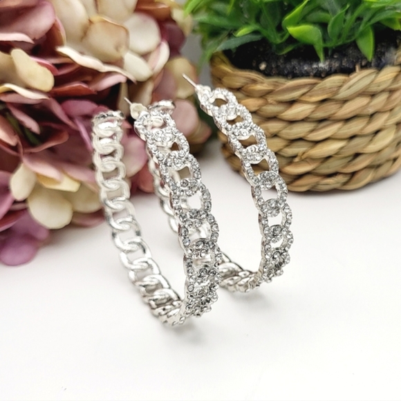 NWT nOir Jewelry large silver plated hoops inlaid rhinestones post earrings $128 - Picture 7 of 14